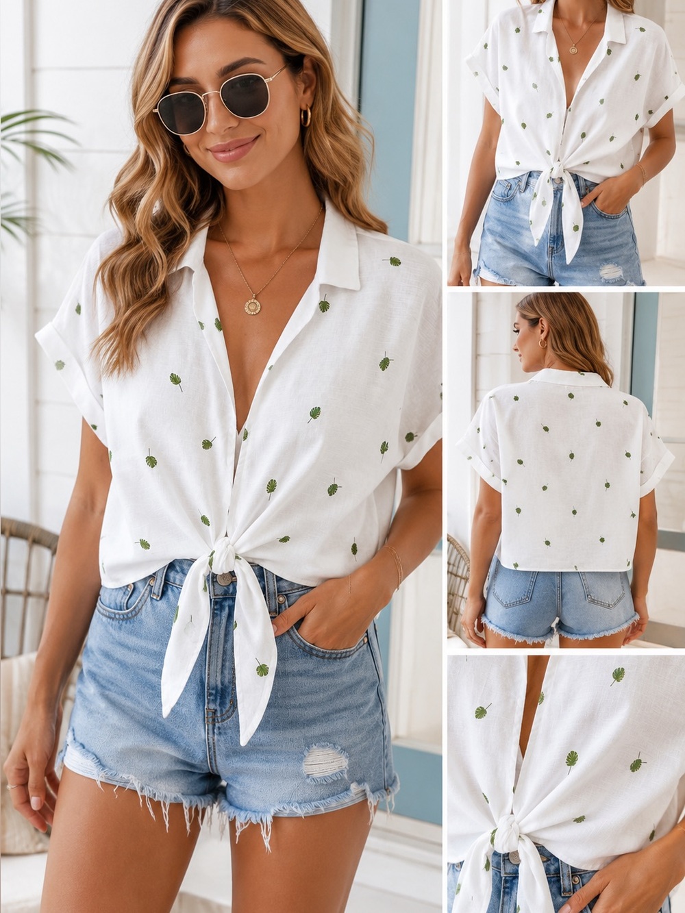 Grade & Gather White Leaf Print Tie Front Crop Blouse | Boutique Small